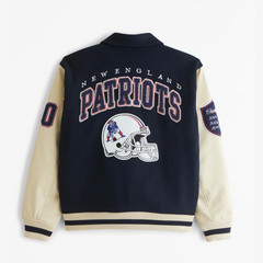 New England Patriots Varsity Jacket | Navy Blue Wool & Leather Design