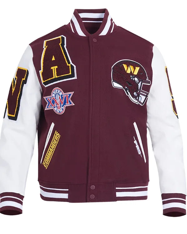 Washington Commanders Maroon and White Varsity Jacket | Wool & Leather
