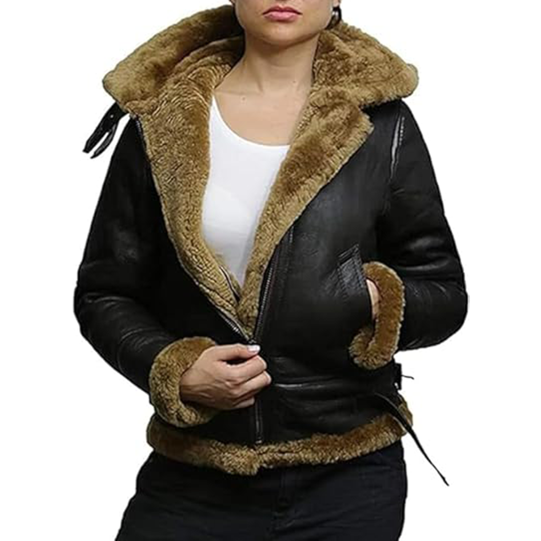 Women’s Sherpa Aviator Sheepskin Leather Jacket with Hood | Cozy and Stylish Outerwear