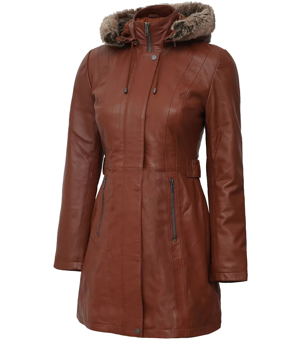 Women’s Brown Fur Leather Coat with Removable Hood | Stylish Lambskin Outerwear