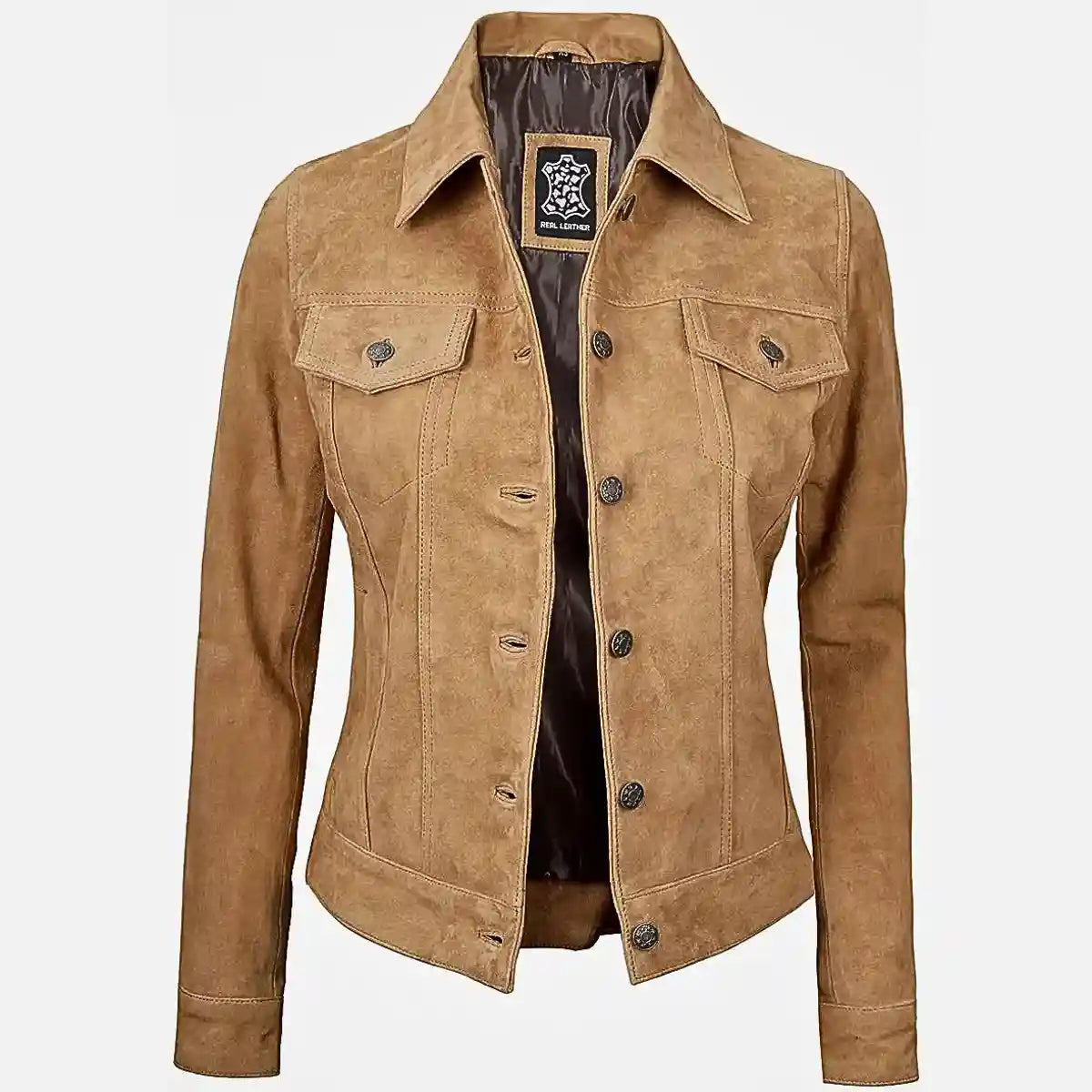 Women’s Light Brown Suede Leather Trucker Jacket | Classic and Stylish Outerwear